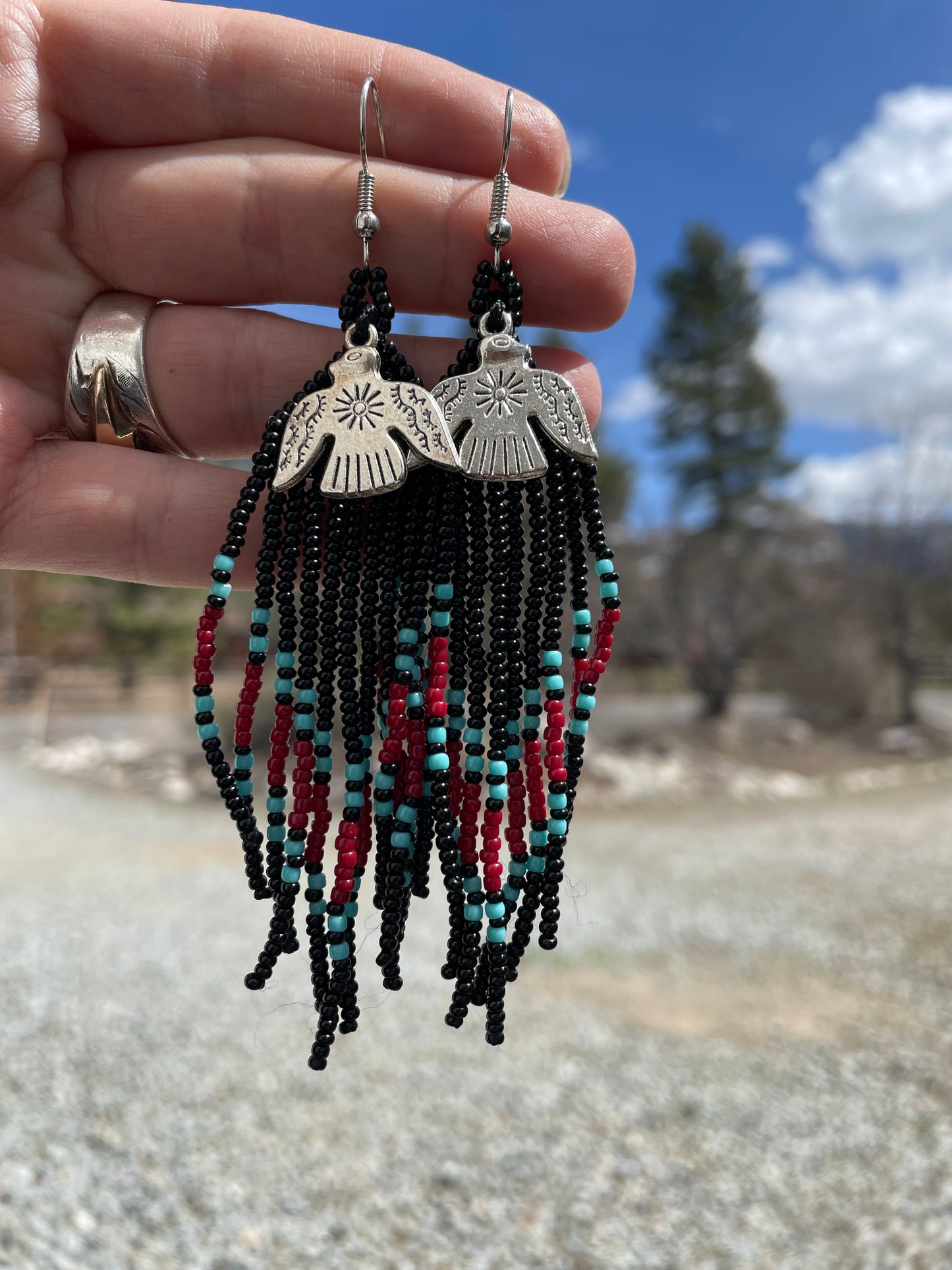 Beaded Earrings w/Thunderbird Pendants