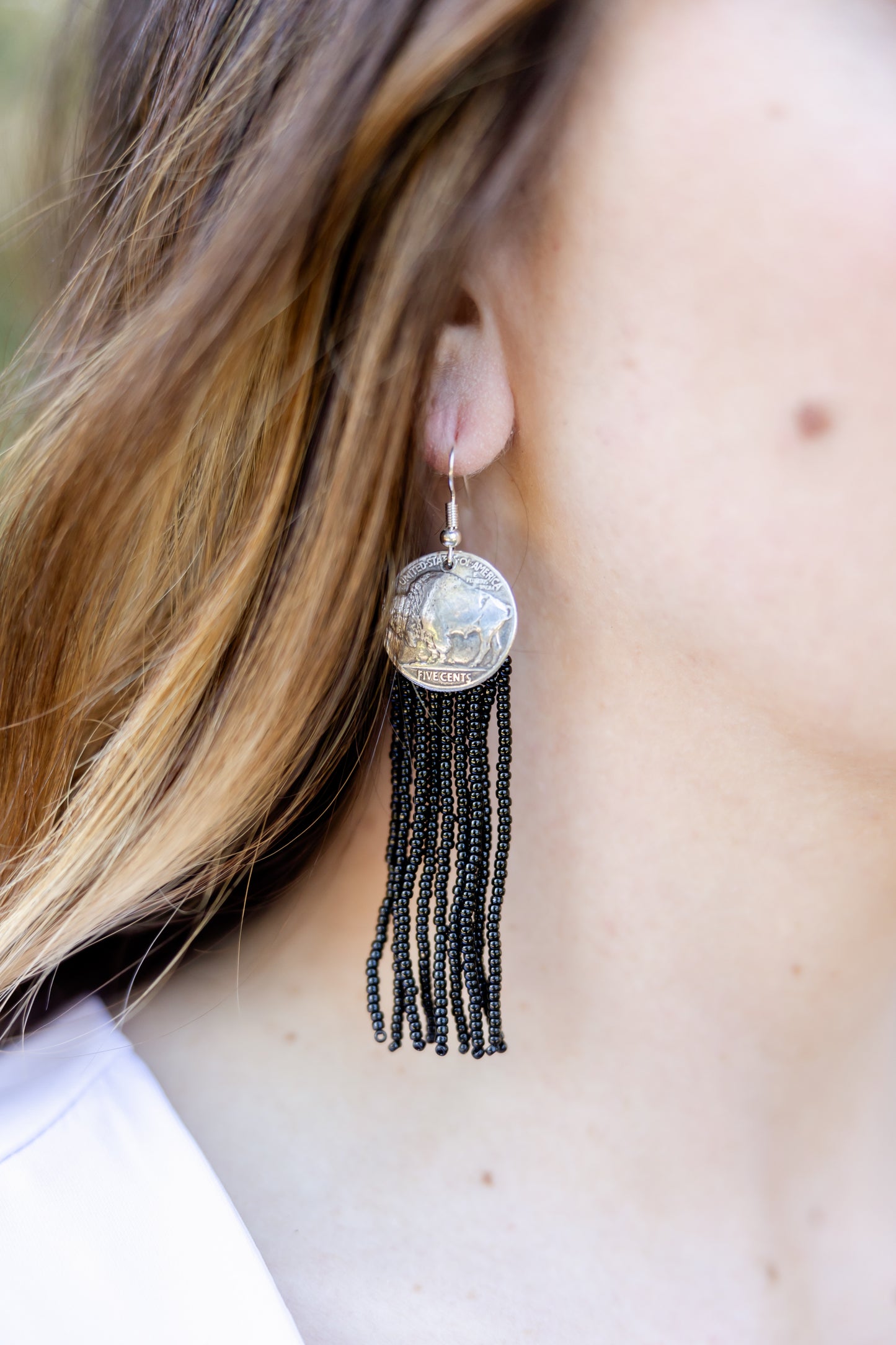 Beaded Earrings w/Replica Buffalo Nickel Conchos