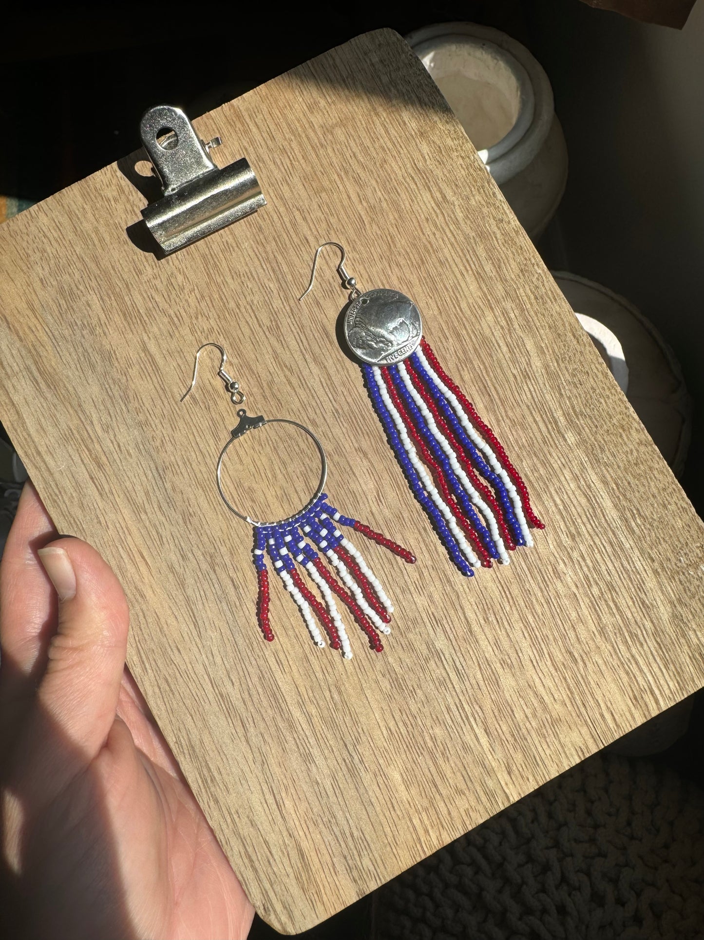 Flag Pattern Beaded Fringe Earrings